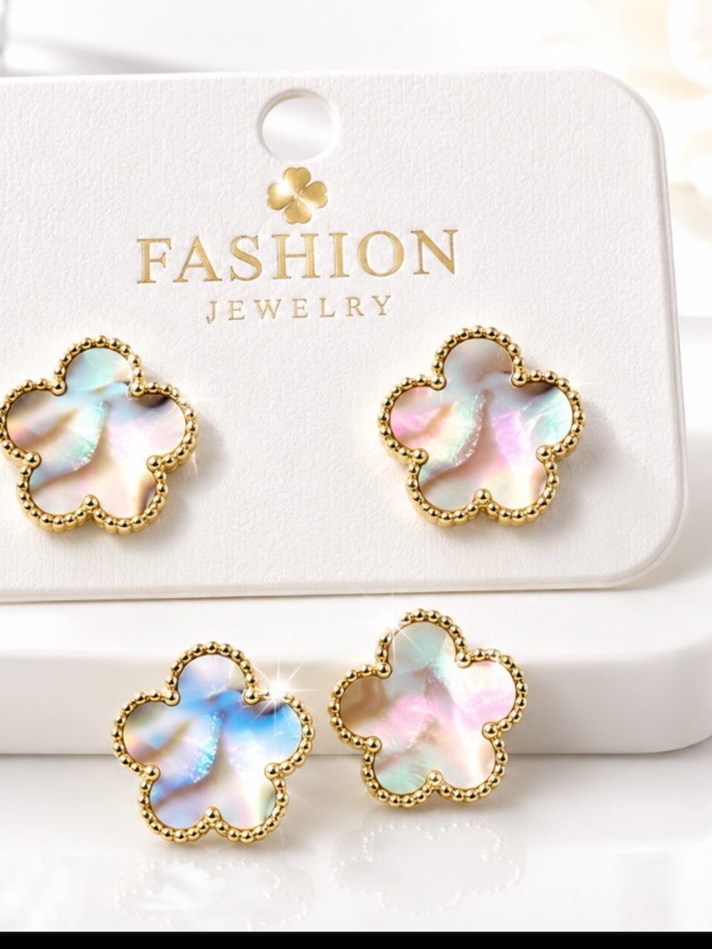 Iridescent Clover Stud Earrings | Gold-Tone Color-Shifting Gem w/ Gift Box